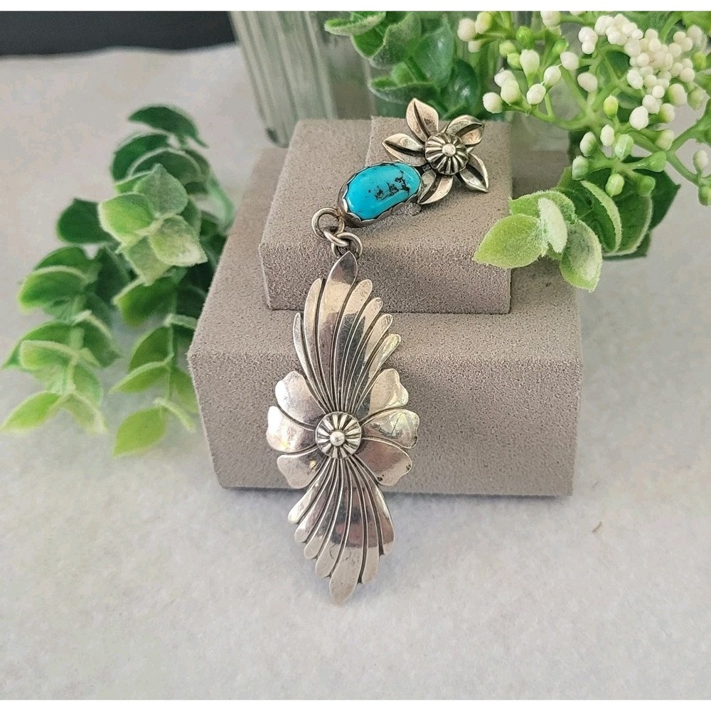 Vintage Sterling Turquoise Orphan Earring Pendant Conversion Upcycle 3 Inch